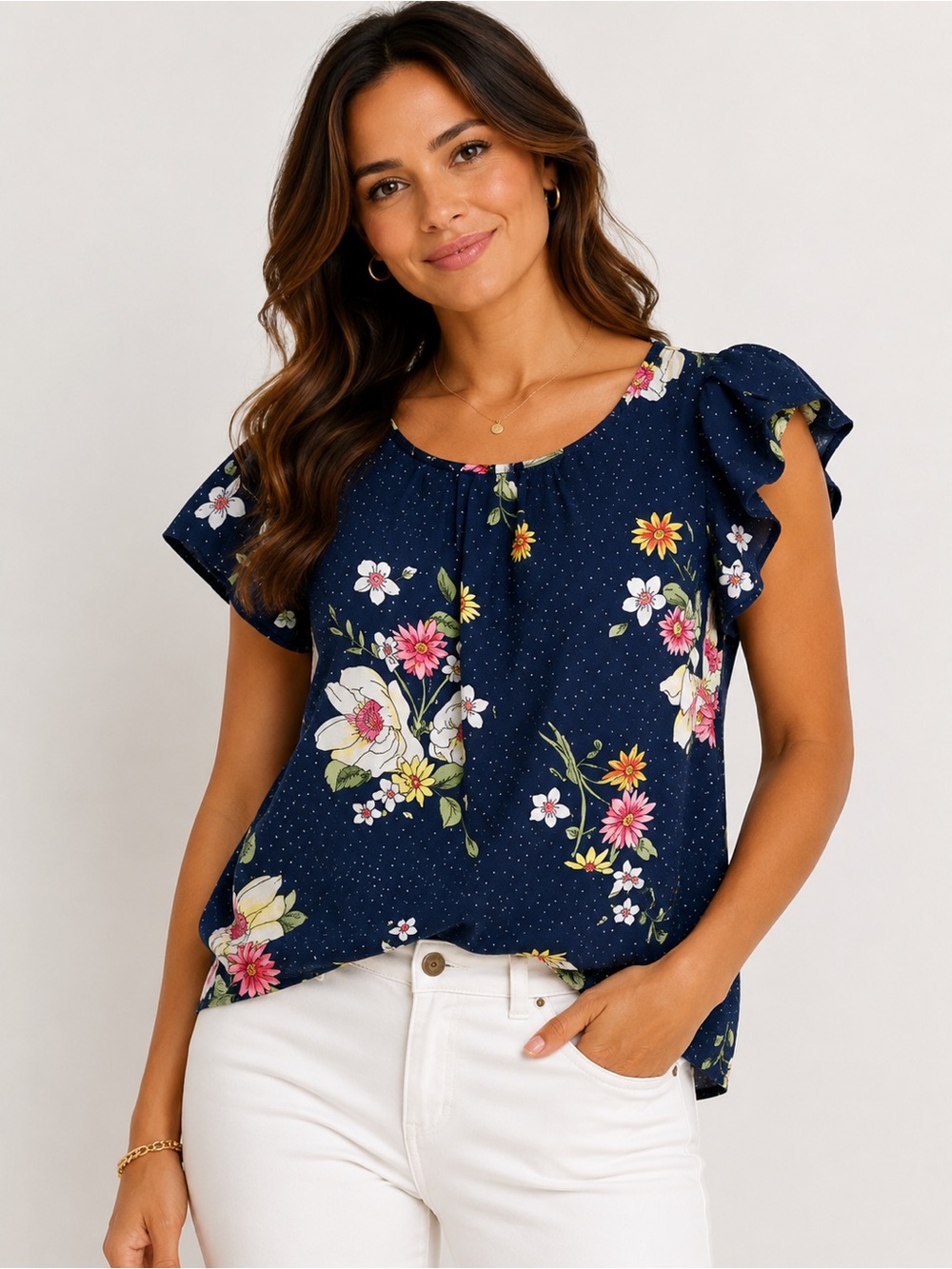 Crescent & Willough Floral flutter cap‎ sleeve blouse, Size L